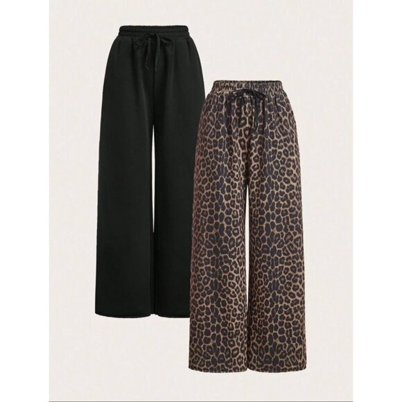 2 pack wide leg pants drawstring waist leopard print & black - Picture 1 of 2